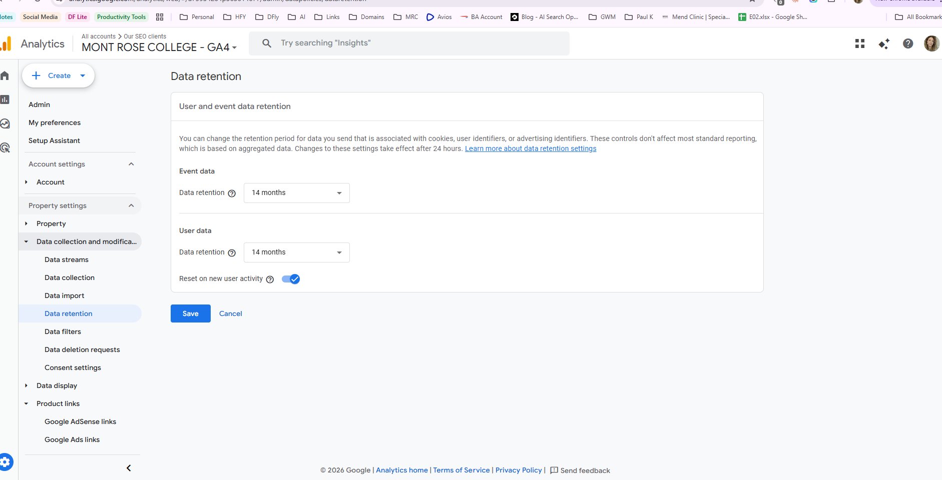 GA4 Data Retention Settings - Changed to 14 Months