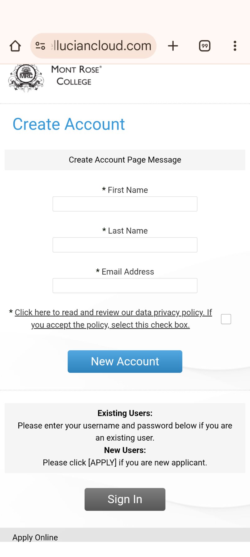Mobile Quercus Application Portal - Create Account Page
